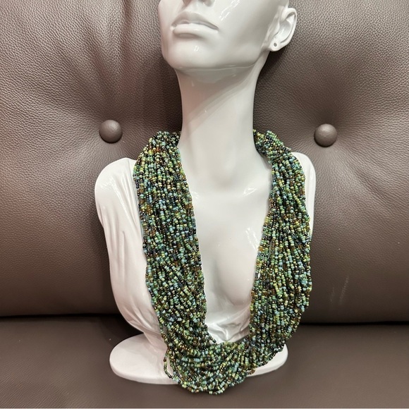Glass seed-bead multi strand necklace in blue, green bronze lobster clasp 5309 L - Picture 9 of 16
